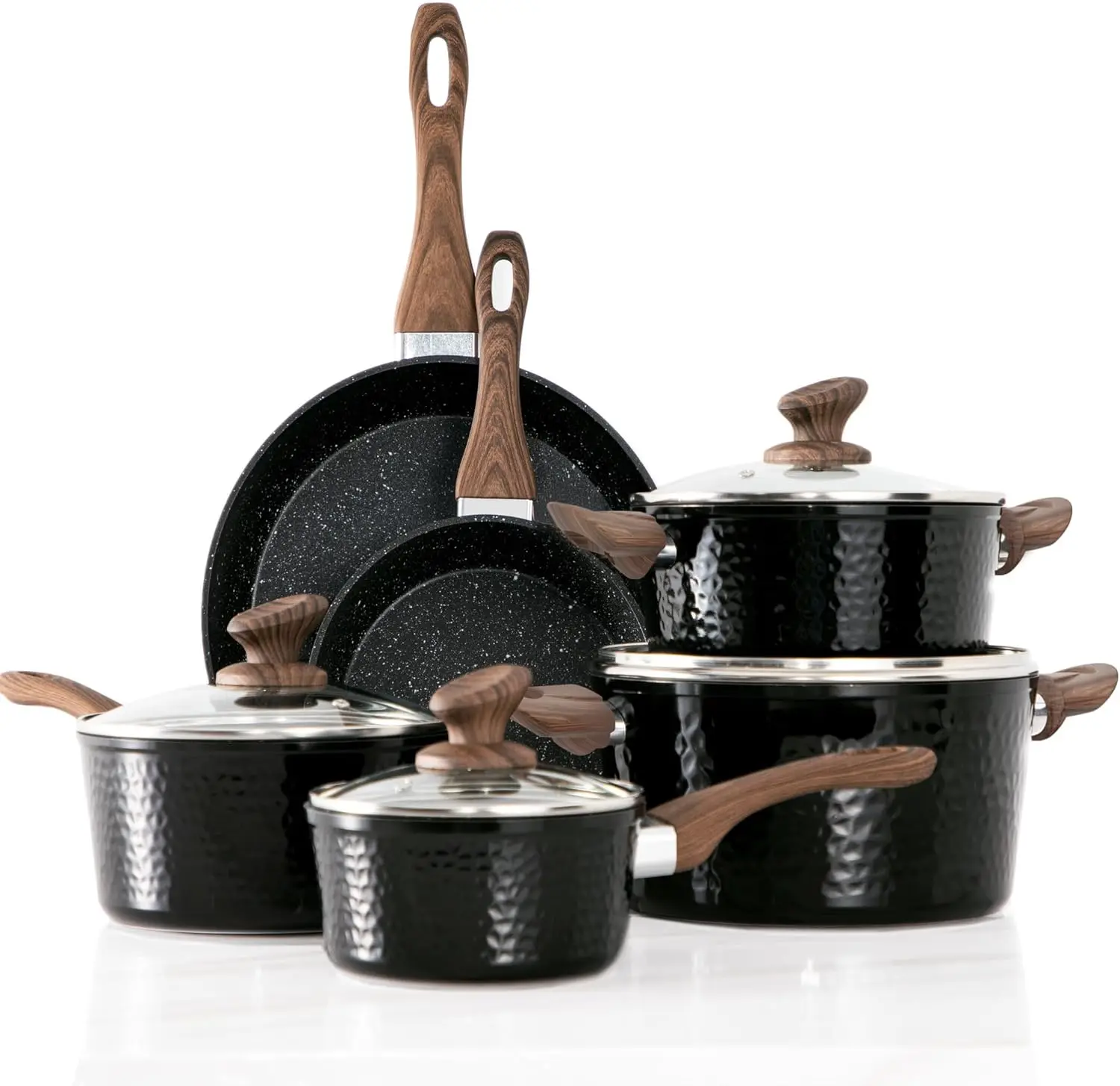 wholesale 15-Piece  Hammered Induction Cookware Set Modern Design Healthy Granite Nonstick Pots Pans