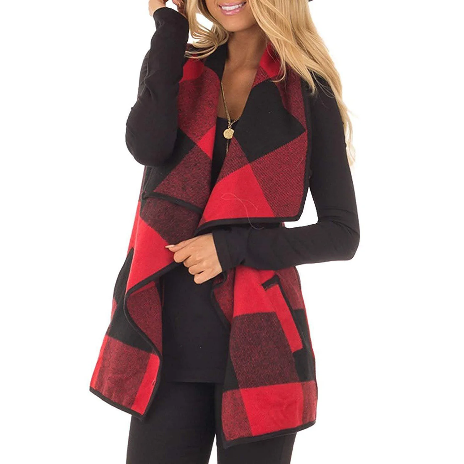 Wholesale Fashion Women Outwear Waterfall Asymmetrical Hem buffalo Long Plaid Vest Coat