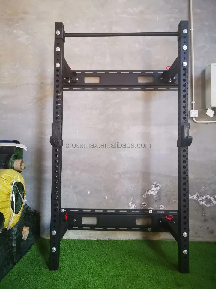 Gym equipment Wall Mount Fold Back Squat power Rack with J-hooks and spotter arms