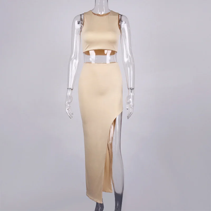 Free Shipping Two piece wholesale sleeveless solid color long dress women summer dresses