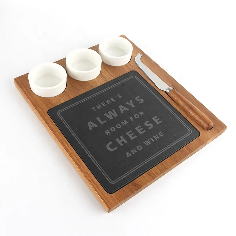 Customized material and shape wooden cheese board with dipping bowl and slate cutting board,cheese knife set