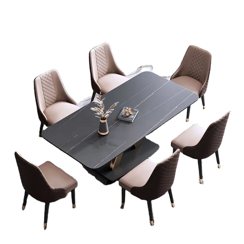 Luxury modern  marble top stainless steel frame  dining table set with 6 pcs chairs