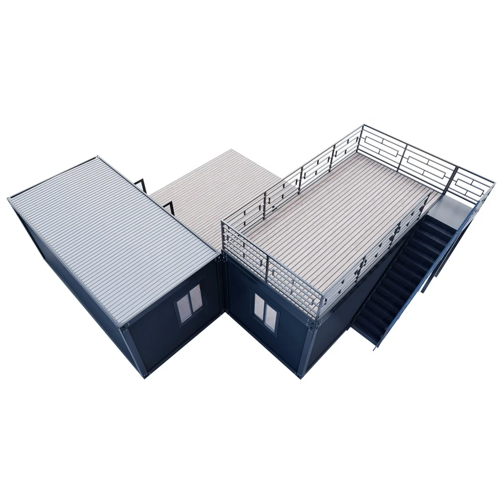 Garden combination container house, optional with floor to ceiling glass and guardrail platform