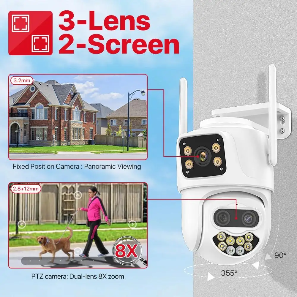 Regis 9MP 8X Optical Zoom Camera Outdoor Waterproof Wifi Cctv Ip Security Network Ptz Three Lens Icsee Wifi Camera