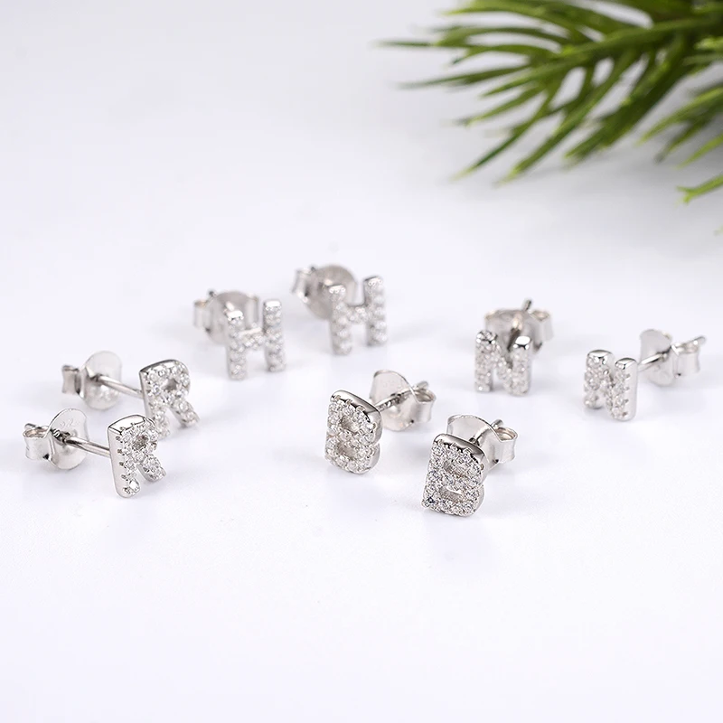 Romantic Girlfriend Jewelry Minimal Alphabet Earring 925 Sterling Silver CZ Initial Letter Stud Earrings