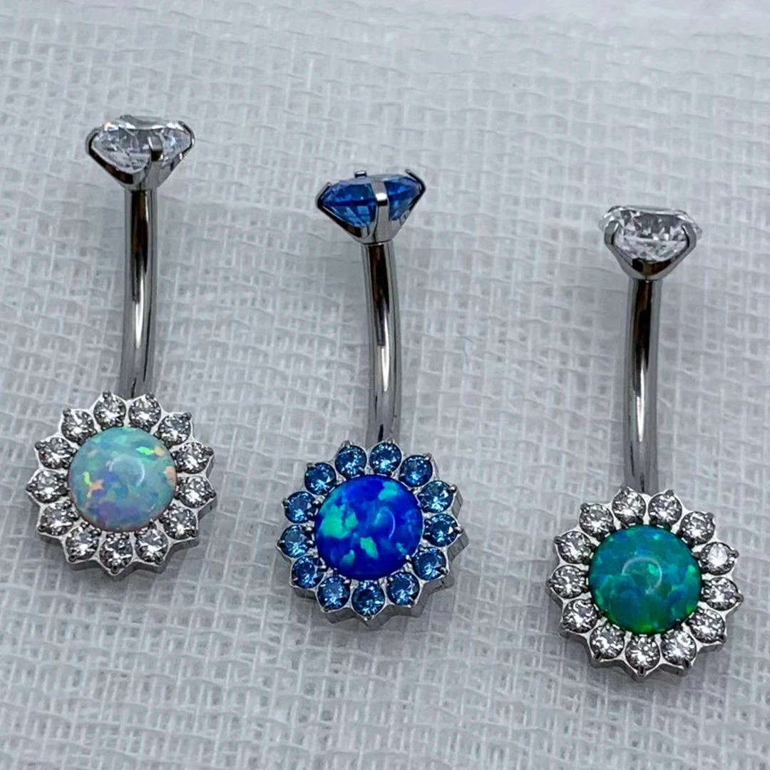 Calendo Wholesale New Fashion Jewelry ASTM F136 Titanium Flower Belly Ring White CZ Internally Threaded G23 Titanium Body