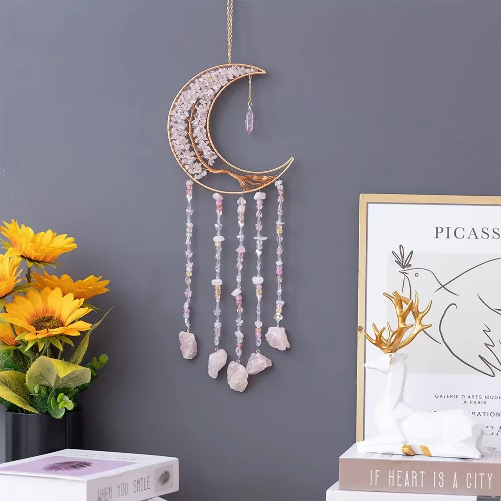 Custom Natural Crystal Sun Catcher Amethyst rose quartz gravel wind chime pendant for home decor
