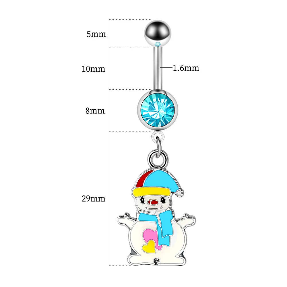 Custom Women Sexy 14G Crystal 316L Surgical Steel Snowman Christmas Tree Dangle Navel Ring