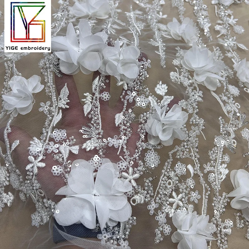 luxury french lace fabric with embroidery and sequin white mesh tulle beaded 3d floral lace fabric embroidery for dresses