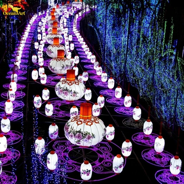 Chinese Silk Lantern Outdoor Waterproof Decoration Shining Silk Flower Traditional Lights Show