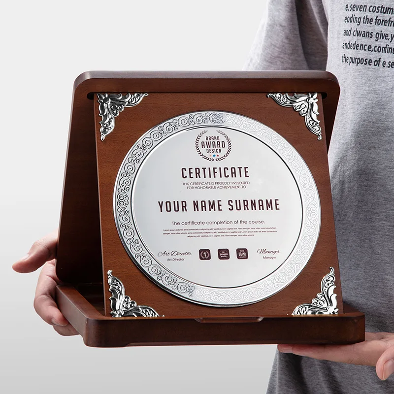 Customized aluminum foldable wooden certificate plaque Medal Award Blank Solid Wood Plaques MH-NJ0310