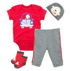 4 pics set romper+pant+hat+socks baby  short sleeve red top and gray pant clothing spring kids clothing set baby girl clothes