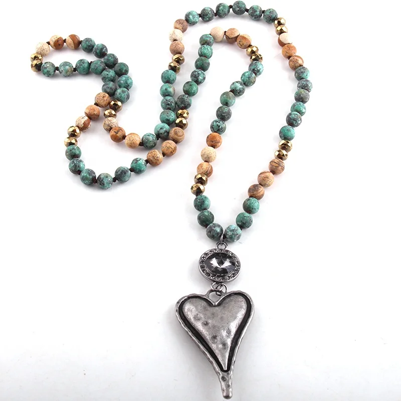 Women 8mm Long Knotted Round Crystal Natural Stone African Turquoise Necklace Big Metal heart Pendant Necklace