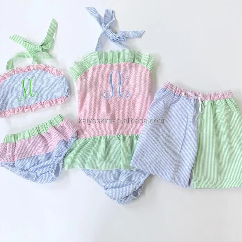 Monogrammed Seersucker Bathing Suit Color block Matching swimsuit Summer Vacation Swim wear