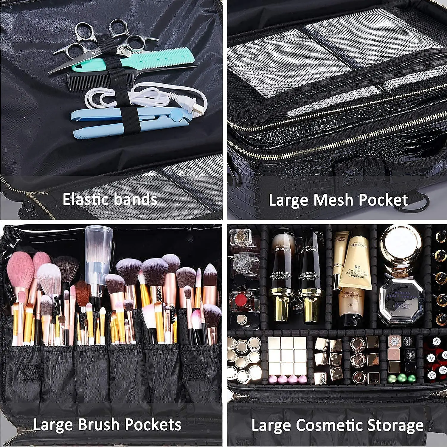 Makeup Bag Travel Case Crocodile Pattern 3 Layers Large Portable Makeup Train Case Cosmetic Organizer and Storage Box