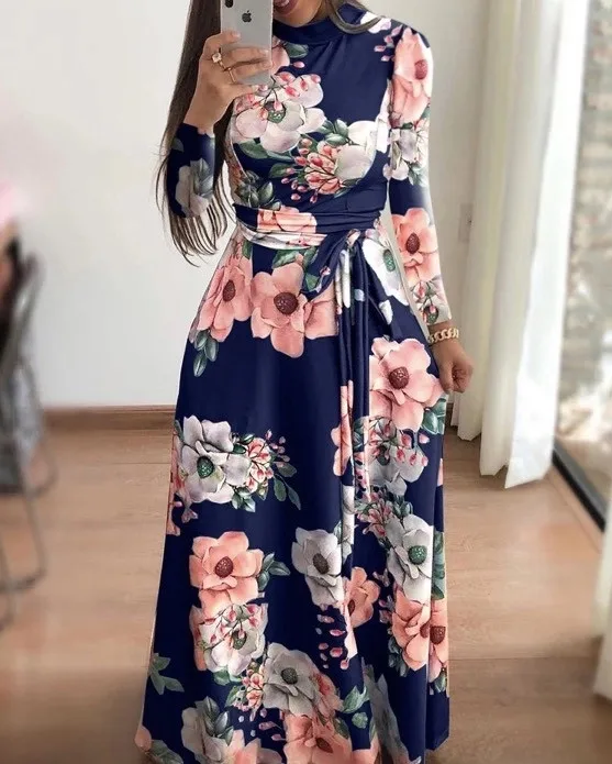 
Autumn New Design Long Sleeve Floral Print High Collar Women Boho Beach Maxi Long Casual Dresses 