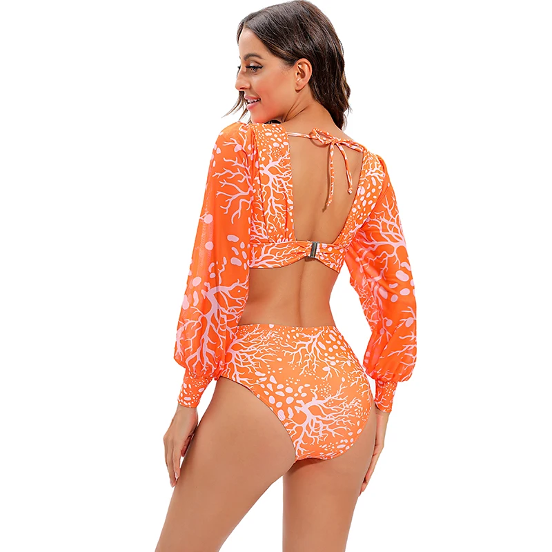 2022 Bikini Long Sleeve Swimwear Digital Print Push Up Summer Bath Suit Two Piece Bandeau Bikini Swim Suit