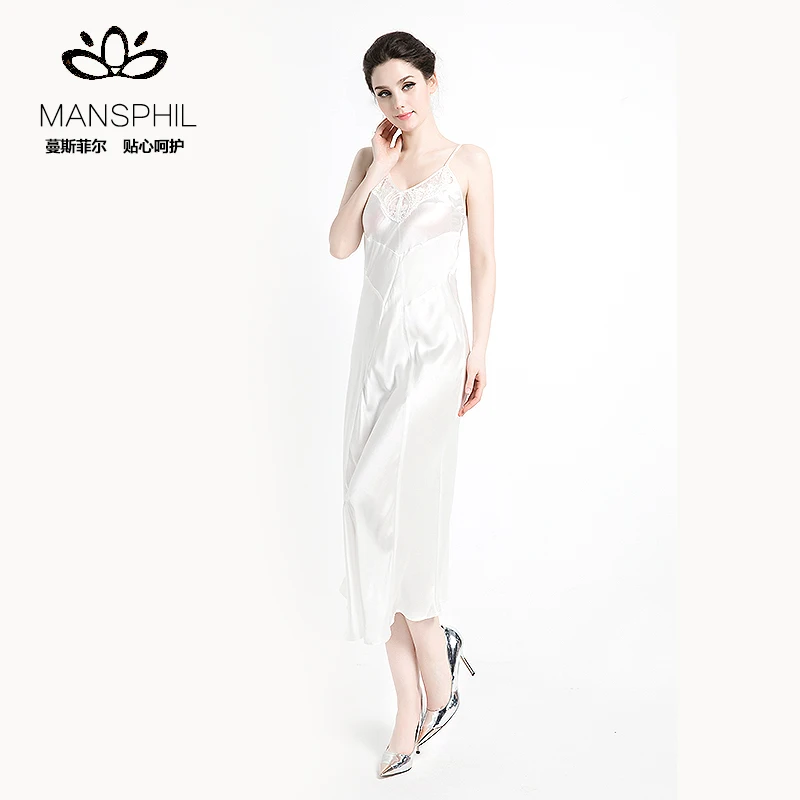 Elegant Nightwear Pure Mulberry Silk Satin Trimmed Lace Sleep Dress Nice Evening Dress