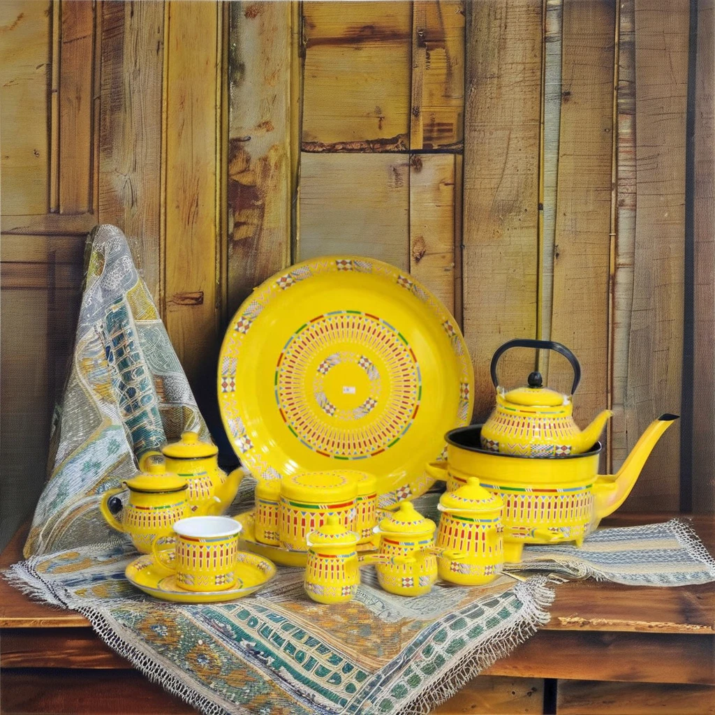 Arabic Enamelware Set 0.7L-2.5L Capacity Turkish Tableware Stove Kettle Plate Coffee Warmer and Mug Set for Water Use