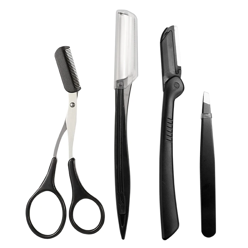 4 In 1 Unisex Eyebrow Facial Face Razor Knife Shaver Tweezers Scissors Brush Portable Eyebrow Razor Trimmer Set