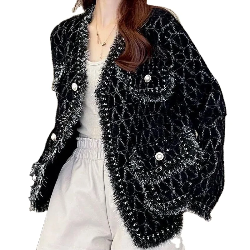 2024 autumn and winter new small fragrant coat V-neck fringe  mink velvet knit cardigan