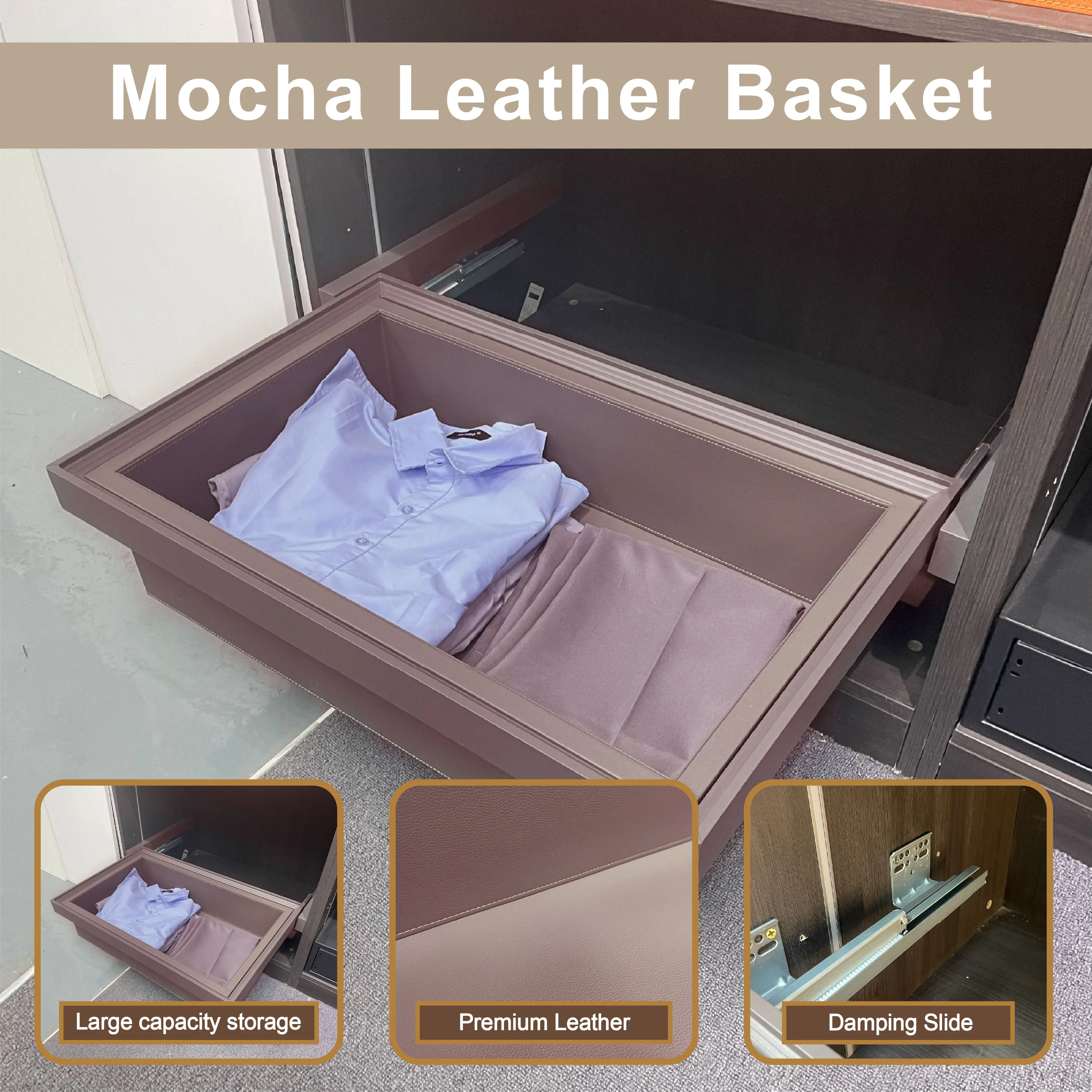 Wardrobe Clothes Organizer Aluminum Frame Drawer with Soft Close Shoe Shelves Luxury Mocha Sliding Out Leather Basket