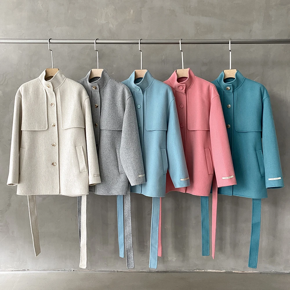 2022 new design Korea fashion style high quality 100% wool women high collar short coat with belt