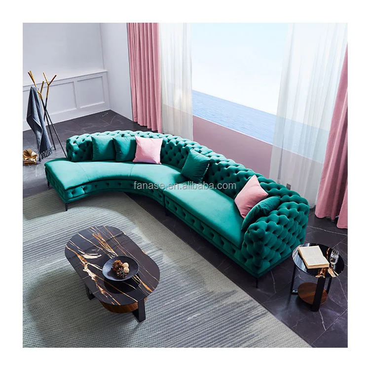 Nordic Light Luxury Fabric Sofa Villa Family Living Room Modern L-shaped Fabric Corner Pull Buckle Blue Curved Sofa