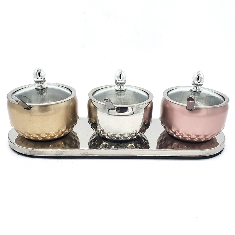 
Sugar Jar Glass Cover Three Flavor Flavoring Pot Coffee Companion Factory Direct Sale Stainless Steel Sugar Bowl Color Box Metal 