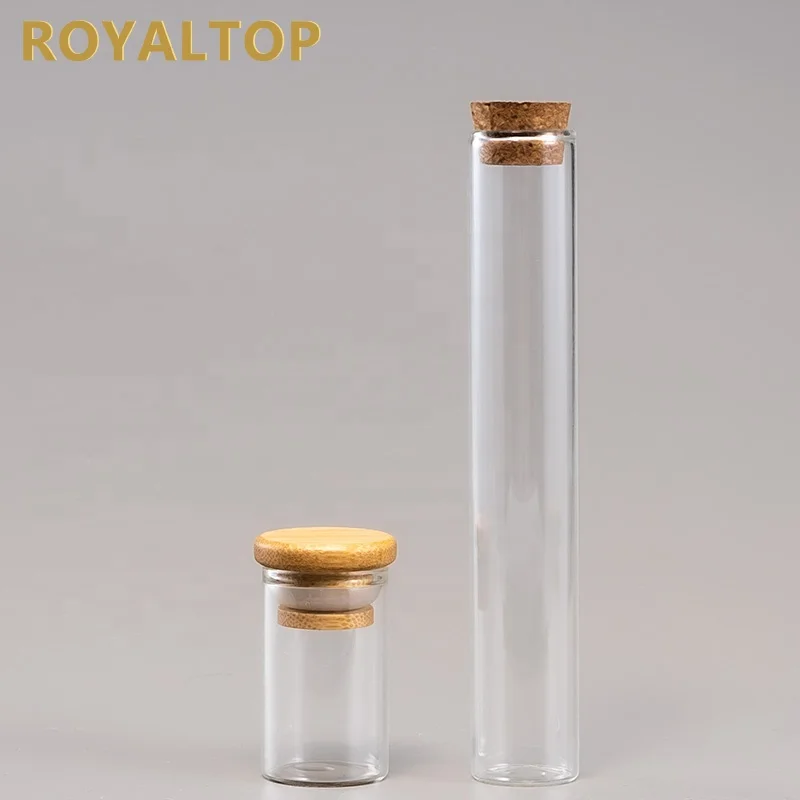 Wholesale Customized 1 oz 2 oz 3 oz Flat Bottom Glass Test Tubes Mini Glass Storage Bottles Jars with Cork or Bamboo Lids