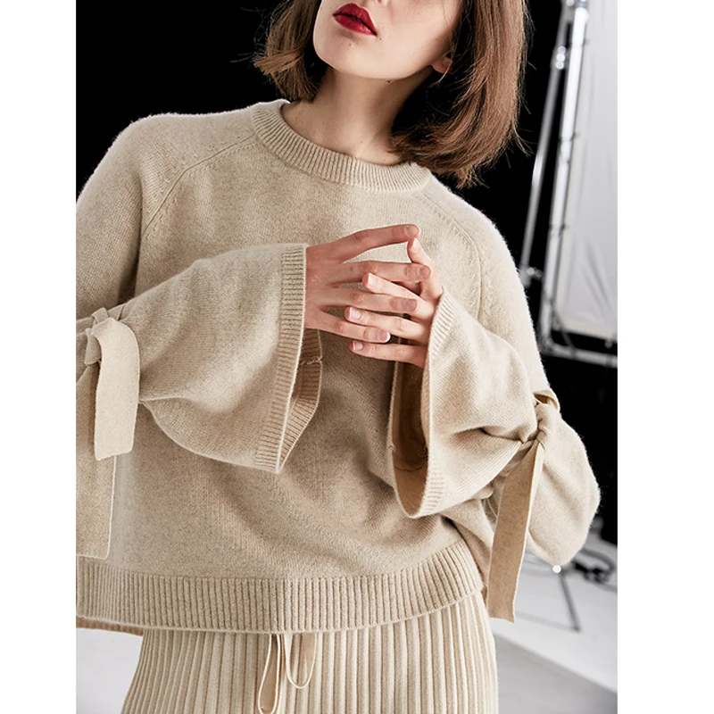 New Design French style Girl  Knitting elegant  Long Sleeve Cashmere Crew Neck Sweater Women.