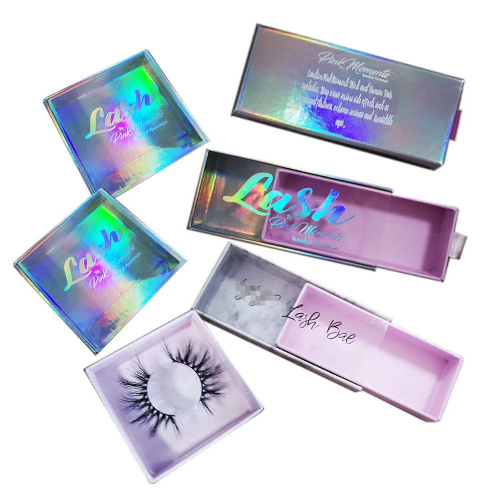 Baby Pink Holographic Paper Eyelash Packaging Personalized False Eye lash Box with clear PVC window