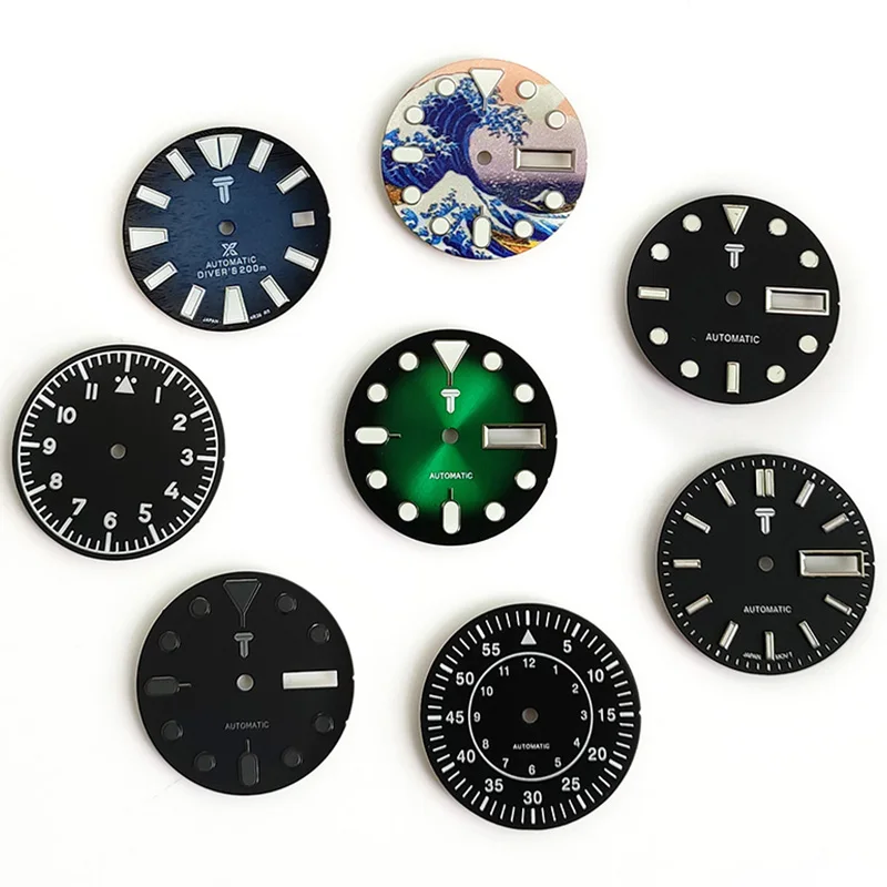 Green Blue Luminous Watch Dial 28.5mm Double Calendar Window For Seiko SKX007 009  NH35/36, 4R, 6R Movement Watch Accessories