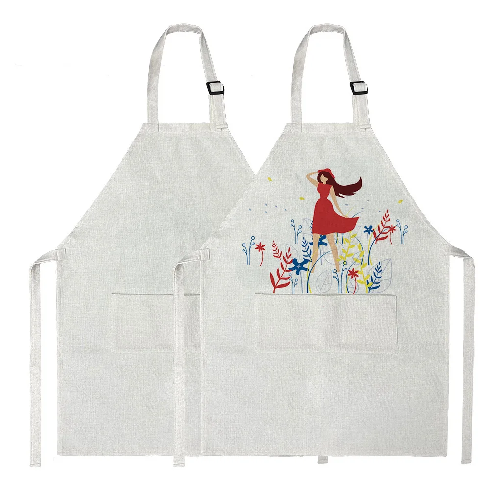 Custom Design Print Logo Christmas Halloween Beige Full Printing Long Chef Cooking Kitchen Bib Cotton Line Apron with Pockets