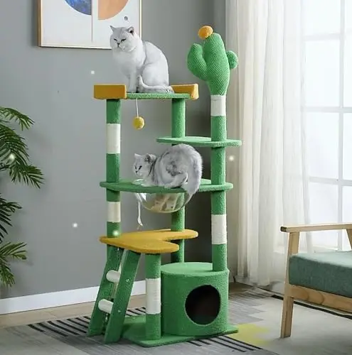 65-Inch Wooden Cat Tree Tower for Indoor Cats Large Nest with Scratching Posts Perches Caves Wool Space Capsule