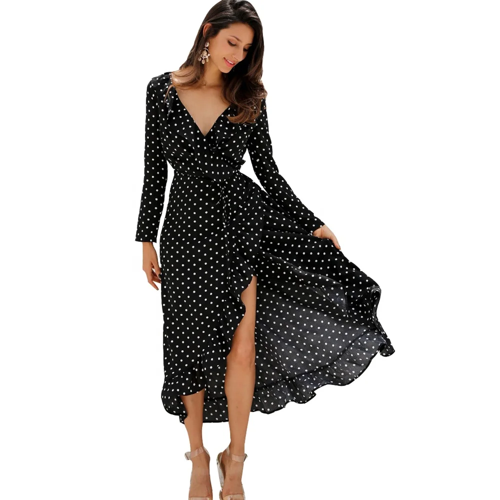 Womens Summer Boho Casual Dress Vintage Long Sleeve Polka Dot Ruffle V Neck Split Maxi Dress