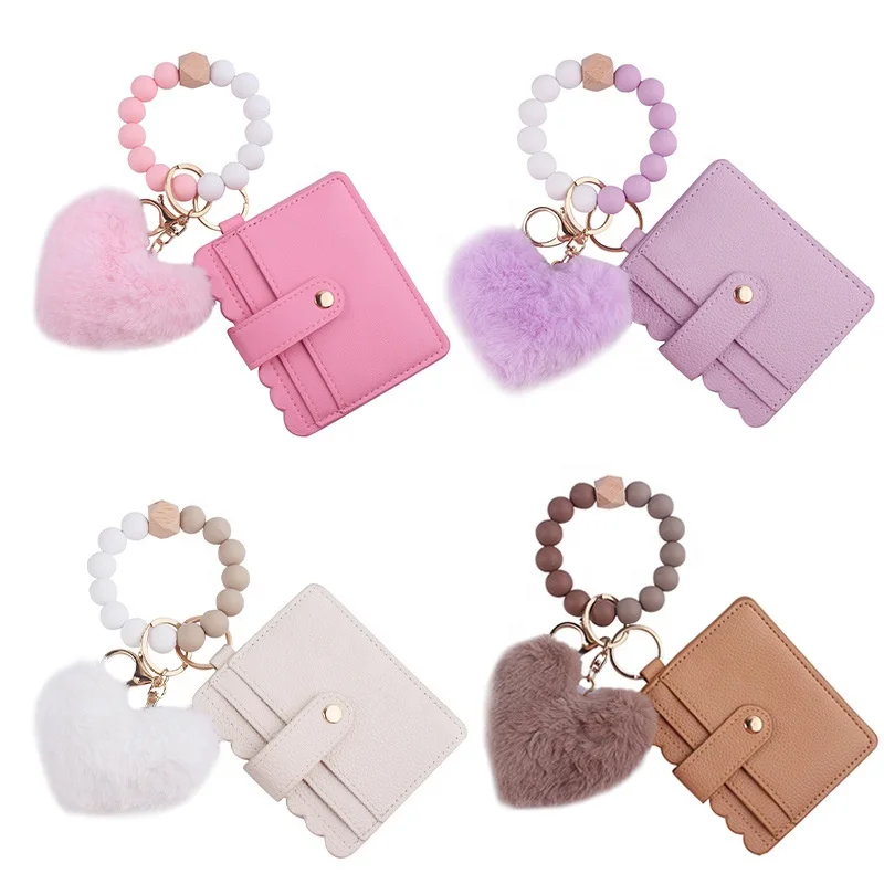Pompom And Silicone Beads Cardbag Keylets Pu Leather Car Key Holder Wallet Keychain O-ring Bracelet Wristlet Key Ring Card Bag