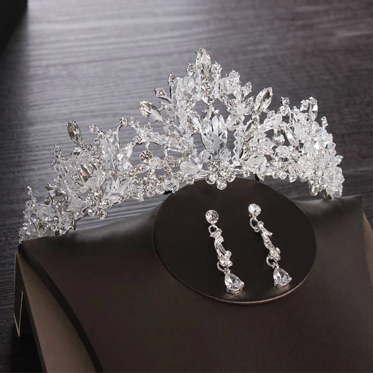 High-end super flash bridal wedding crown necklace earrings set handmade rhinestone tiara crown