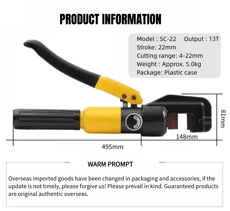 Manual Hydraulic Rebar Cutter SC-22 13T Steel Bar Cut-Off Machine with Replaceable Blades for Construction