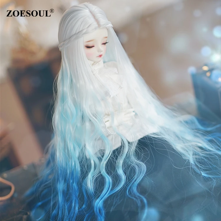 High Temperature Doll Hair Wig Long Winky Curly White Ombre Blue Synthetic Fiber Hair Wig BJD Doll Wigs for 1/3 BJD SD Doll