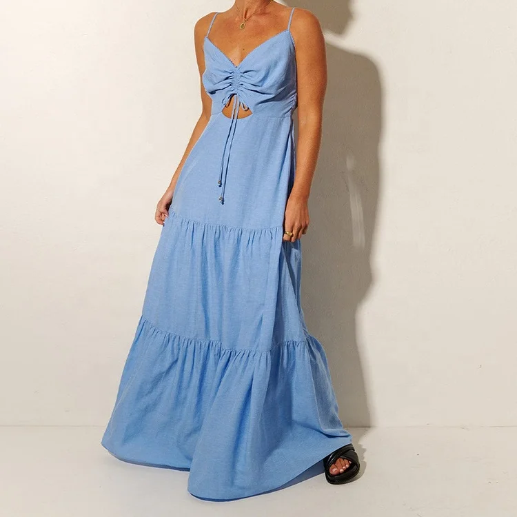 Low MOQ Factories Custom Maxi Dresses Women Summer Clothing High Quality Hollow Out Pleated Linen Beach Vaction  Dress