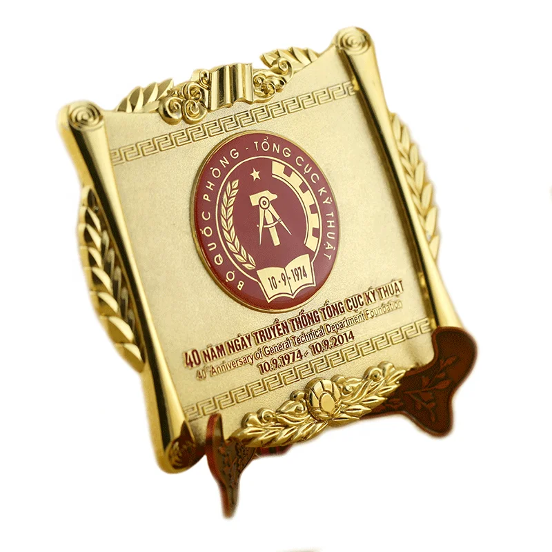 Vietnam decorative square shape souvenir honor gold plated metal plate with box