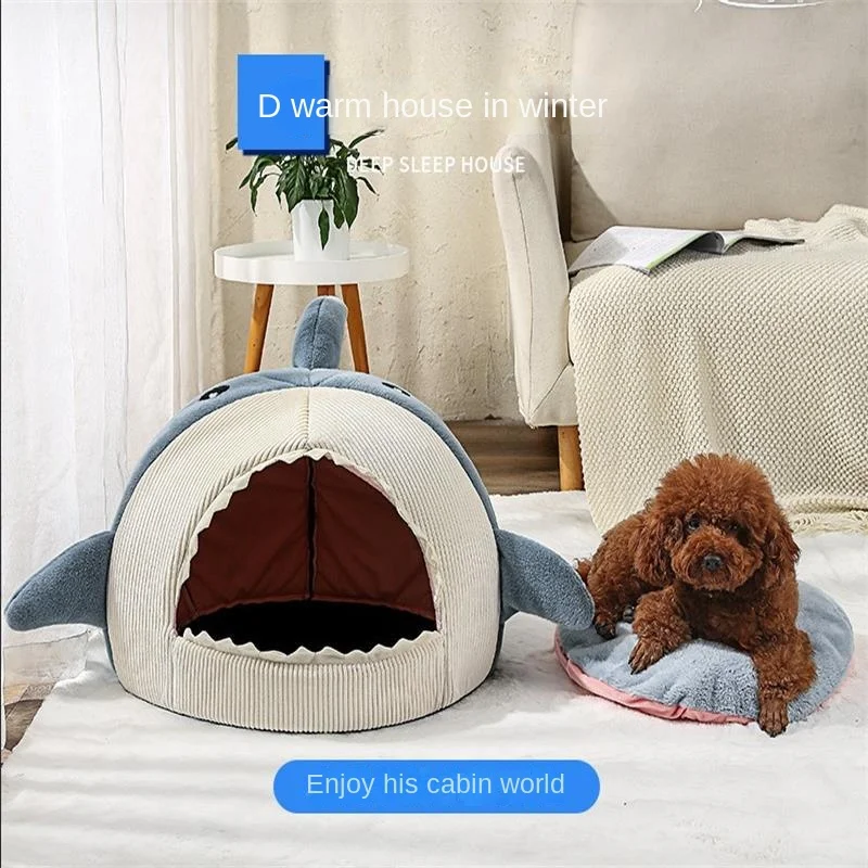Semi-enclosed Cute Cartoon Shark Shape Cat Kennel Winter Warm Pet Bed Soft Plush Pet Supplies Pp Cotton Filled Dog Cat House