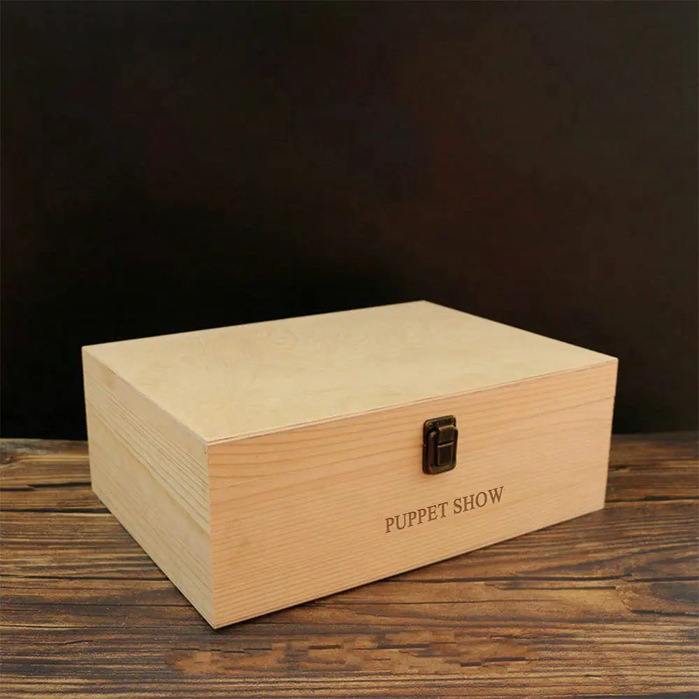 Puppet Show Rectangular Natural Pine Box with Hinged Lid and Front Buckle