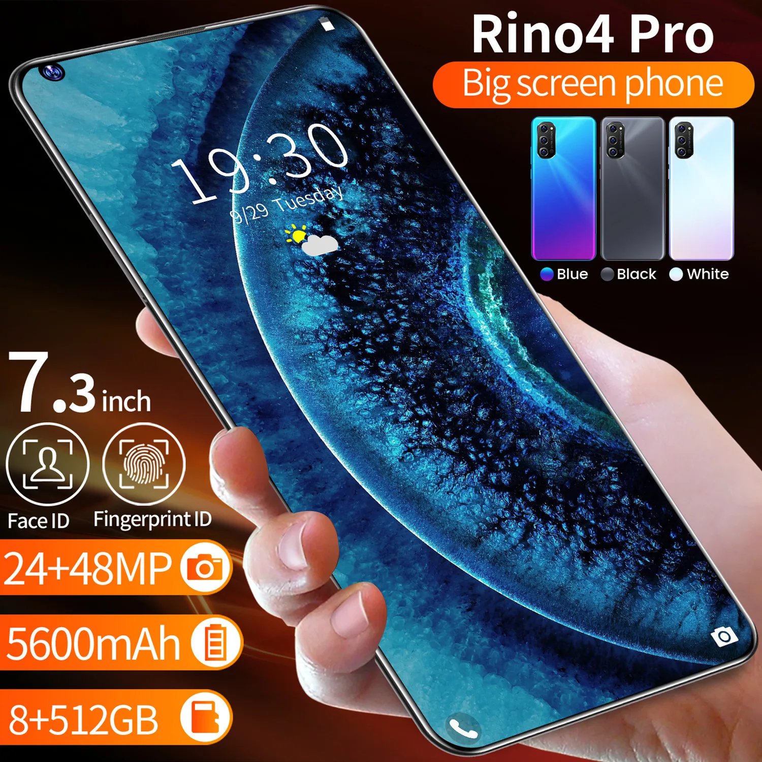 Top Selling Android Phone Rino4 Pro 10core 8GB+512GB 5600mAh MTK6889 7.3' HD full screen 24MP+48MP Wholesale Directly