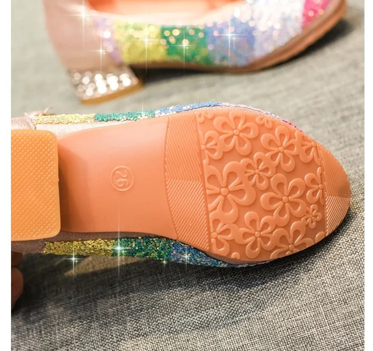 hot selling 2021 spring and Summer Girls Princess Sandals rainbow Sequins High Heels shoes party dressy shoes kids