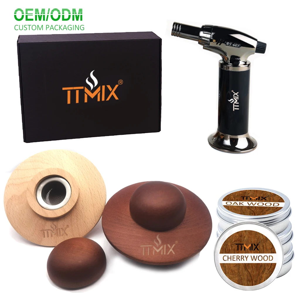 Private Label Cocktail Smoker Kit with Torch Gun Rubber Wood Coctel Whiskey Smoker 4 Kinds of Wood Chips Bar Tool Drinking