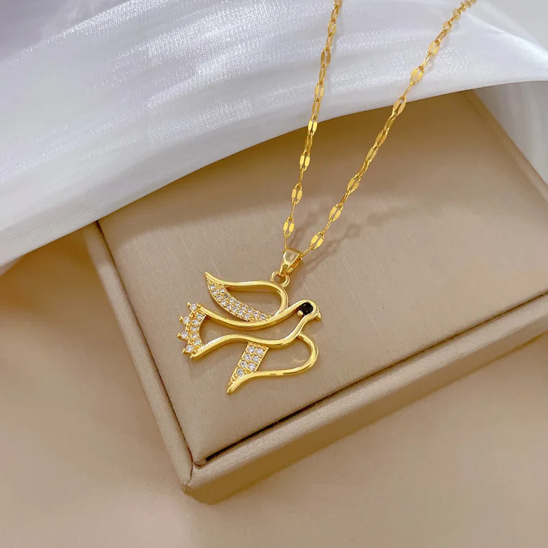Titanium Steel Full Diamond Swallow Gemstone Necklace Charm Choker Chain For Women Wedding Engagement Stainless Steel Jewelry