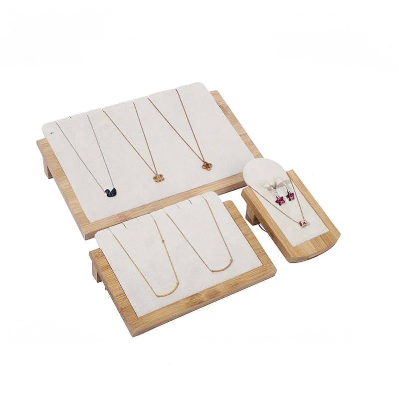 Custom LOGO Luxury Wood Suede Necklace Card Shop Store Showcase Jewelry Display Necklace Tray