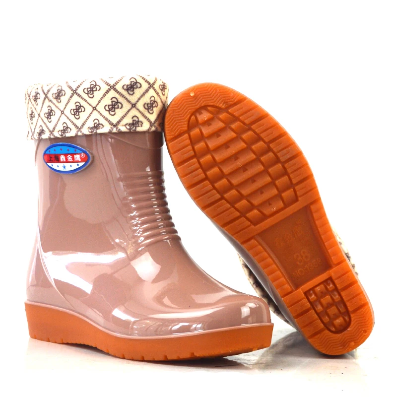 20cm Womens   Mid Calf Rain Boots Waterproof Wellington Shoes Winter Ladies Wellies Boots Garden Shoes Removable Inner Linings